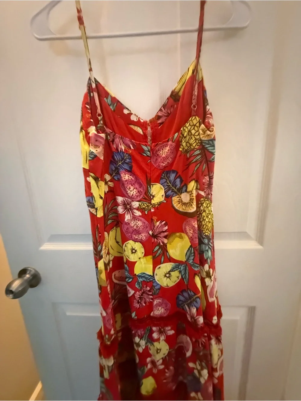 Aqua Red Tropical Fruit Tiered Maxi Dress